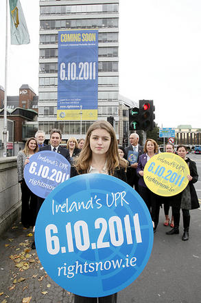  Author, journalist and health rights campaigner Orla Tinsley joins rights campaigners to launch the "Your Rights Right Now" campaign's flagship 25 metre-high banner, which was unfurled on Dublin's Liberty Hall.